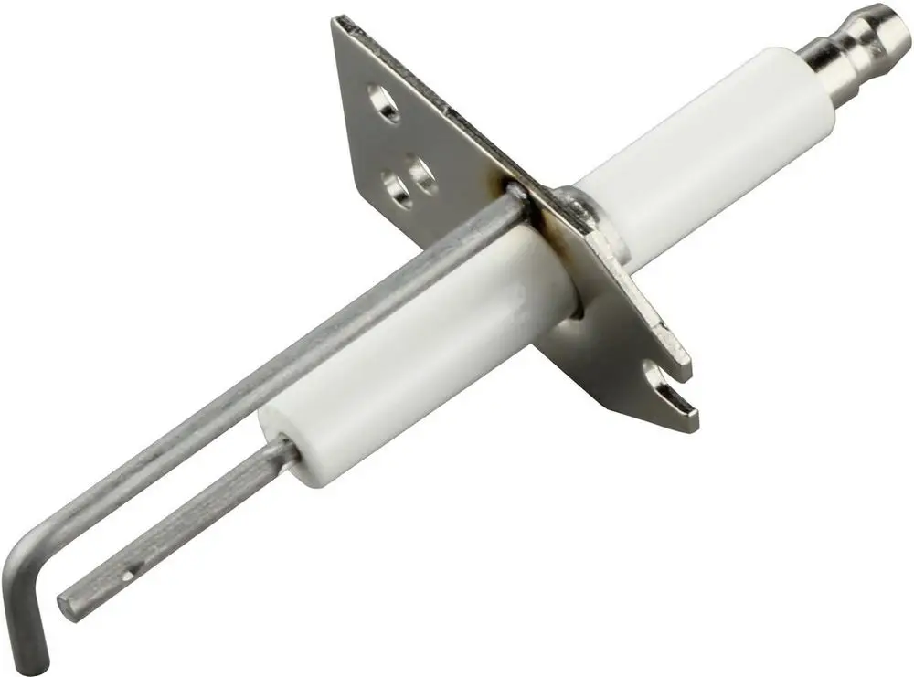 Zündelektrode von Bosch mit metallischem Gehäuse und isolierendem weißen Element. Ausgestattet mit einer Montageschiene und einem Anschluss an das Zündsystem.